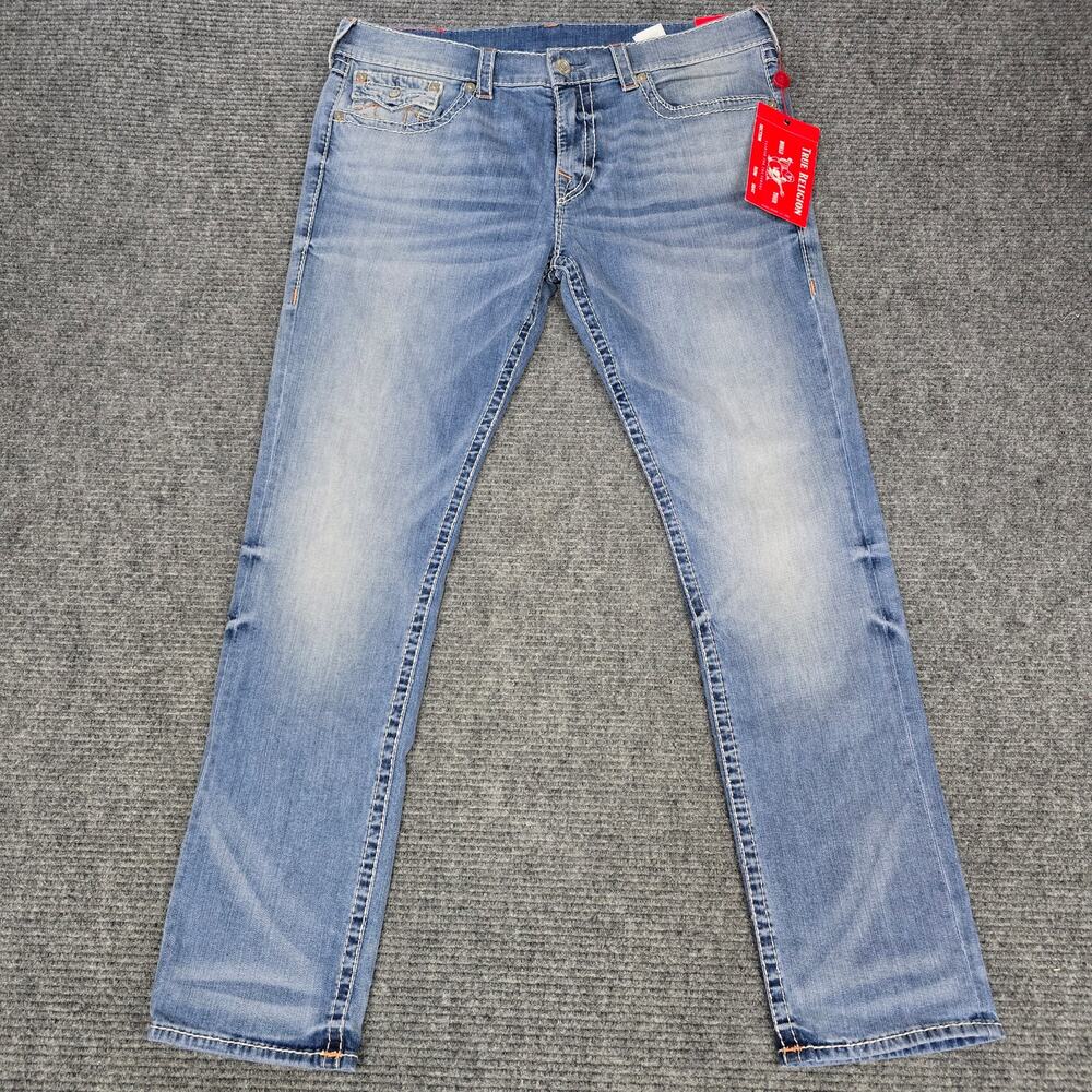 True Religion Geno Jeans Mens 38 Relaxed Slim Big T Flap Light Wash Stretch NWT